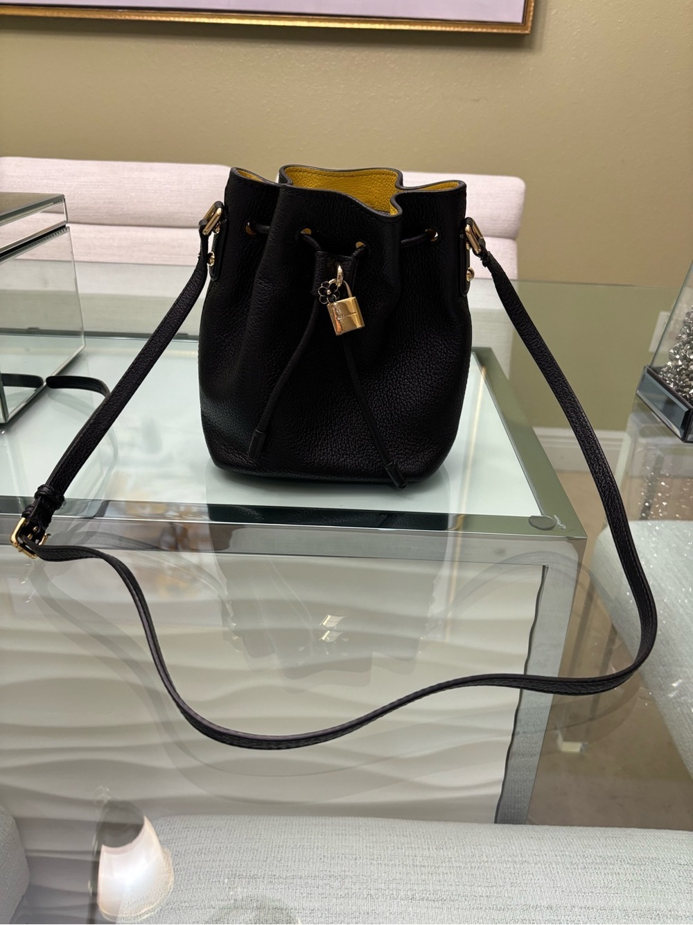 Authentic Dolce & Gabbana Black Leather Drawstring Bucket Bag with Gold Hardware - Picture 7 of 12